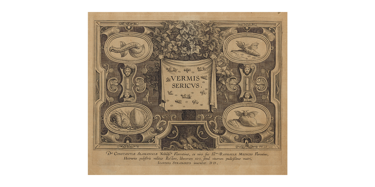 an van der Straet , dit Stradanus, Karel van Mallery, Philippe Galle, *Vermis Sericus* (frontispice), Anvers, entre 1590 et 1600. © © musée des Tissus – Pierre Verrier