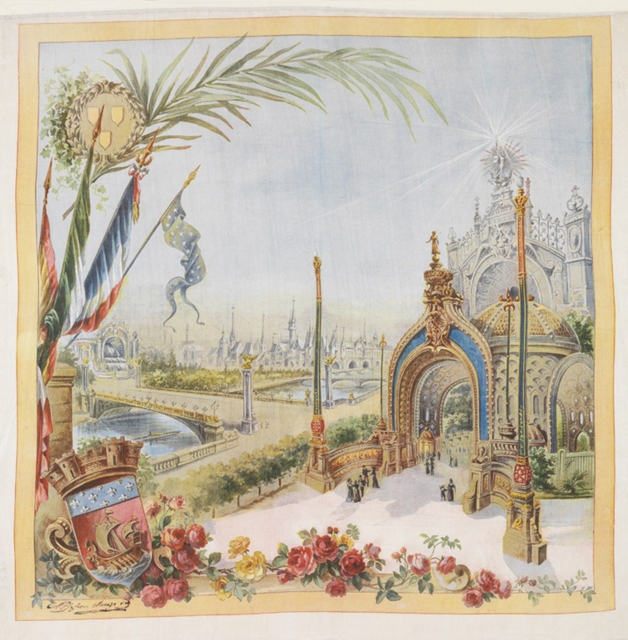 Maison Besson, Sauze et Cie, Foulard figurant l'une des portes de l'Exposition internationale de 1900 à Paris, Lyon, 1900. © © Lyon, musée des Tissus – Pierre Verrier