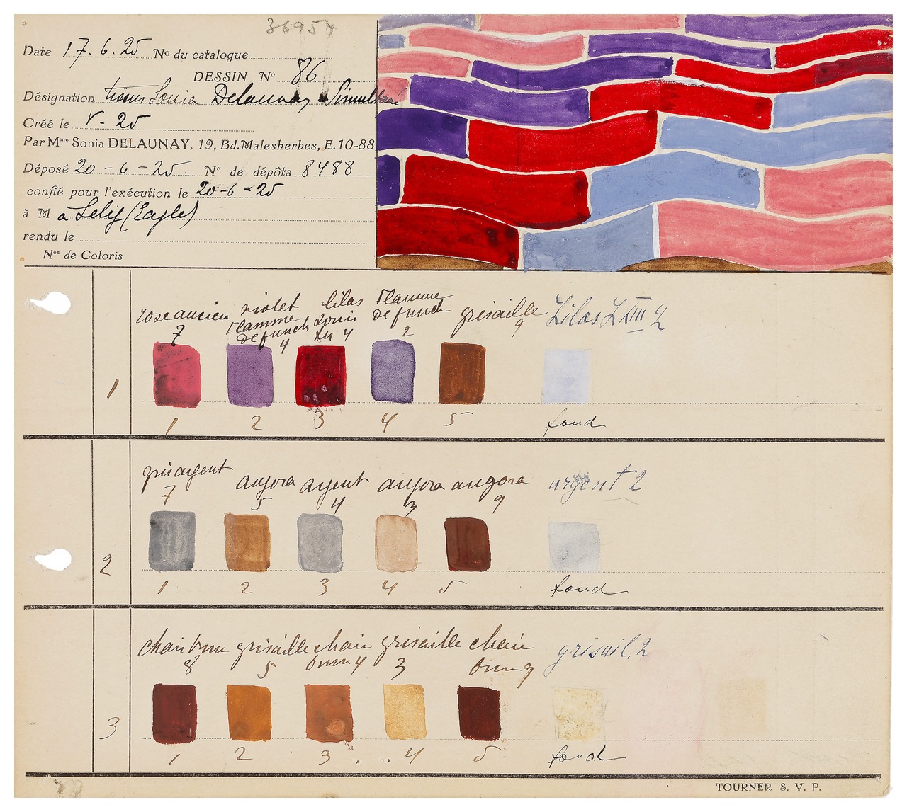 Sonia Delaunay, carte de coloris pour tissu simultané n°86, Paris, 29 décembre 1925. MT 36954.4. Don de Delaunay Sonia, 1974. © © Lyon, musée des Tissus et des Arts décoratifs — Sylvain Pretto