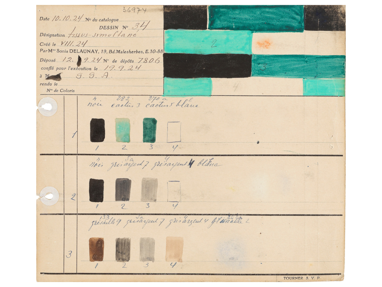 Sonia Delaunay, Carte de coloris pour tissu simultané n°34, Paris, 1924 MT 36974.14. Don de Sonia Delaunay, 1974. © © Lyon, musée des Tissus et des Arts décoratifs — Sylvain Pretto