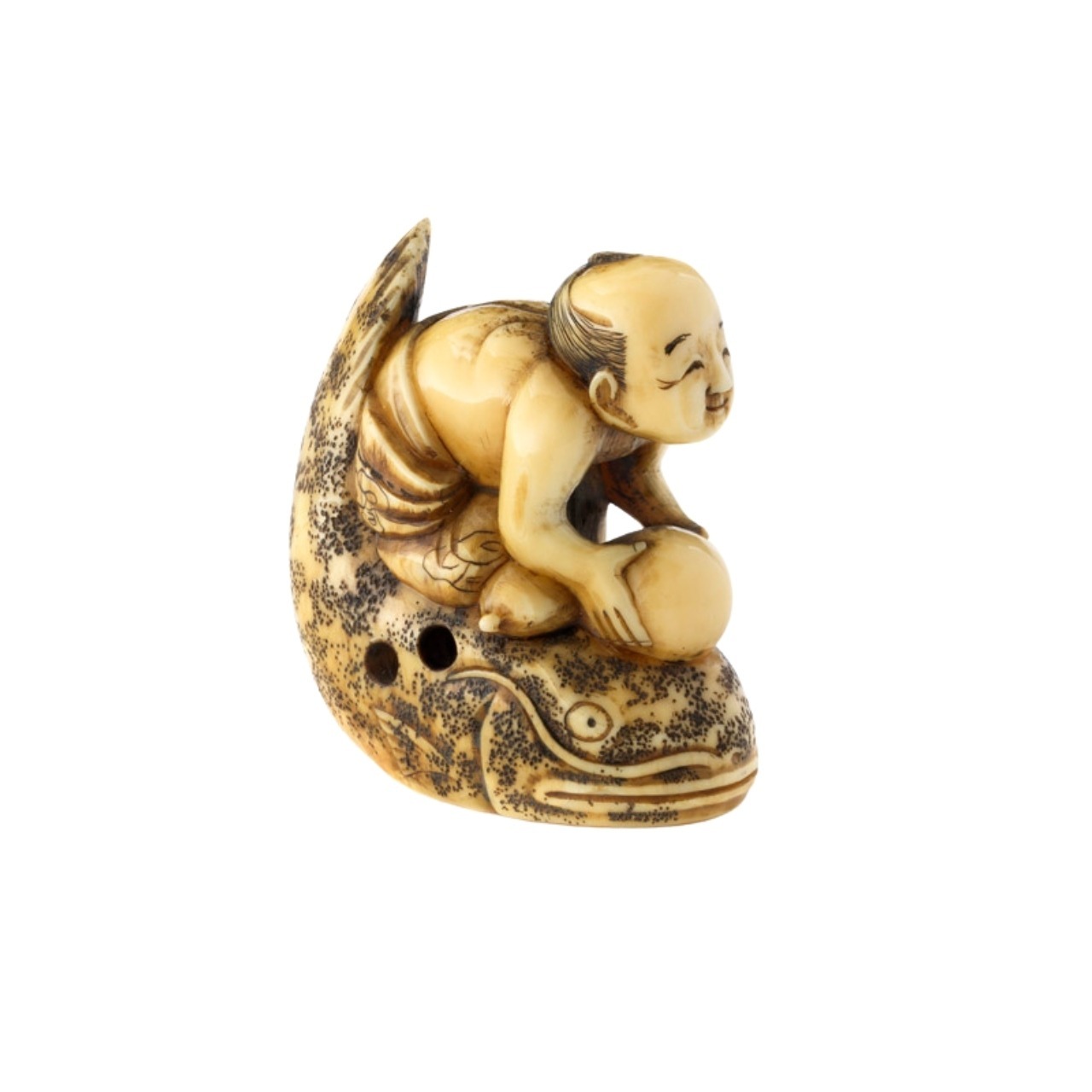 Netsuke : Kadori Myojin calmant avec sa gourde le Namazu, Japon, XIXe siècle MAD 3093.19. Legs de Mme Robert, 1981 © © Lyon, musée des Tissus et des Arts décoratifs — Pierre Verrier