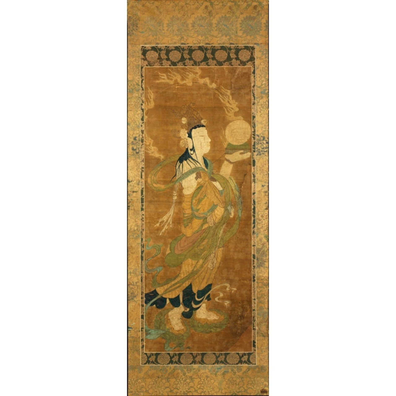 Kakémono représentant la déesse de la lune Gwatten ; Japon, XVIe siècle. MT 27174 Achat en vente publique de Hayashi Tadamasa, 1903. © © Lyon, musée des Tissus et des Arts décoratifs — Pierre Verrier